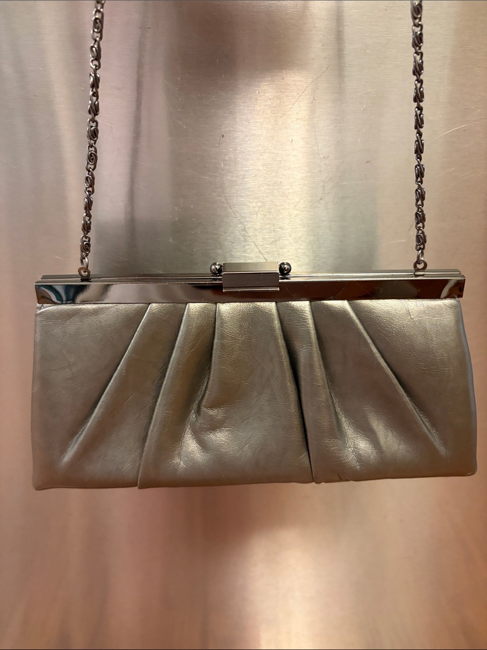 Jessica McClintock Silver Pleated Evening Clutch with Chain